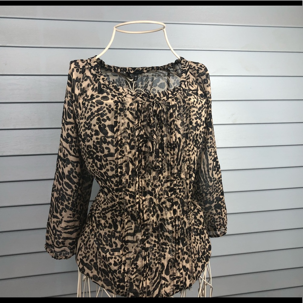 Express Leopard Print Sheer Blouse Black & Tan M